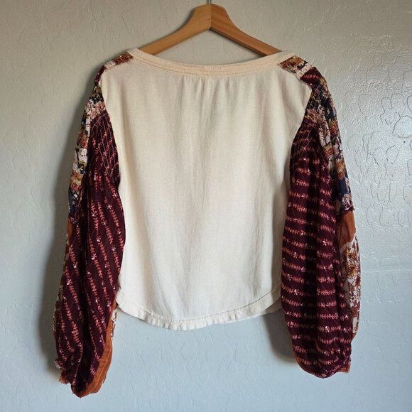 Free People Light Magic Henley Top Patchwork Balloon Sleeves Vanilla Creme Sz XS - Picture 8 of 11